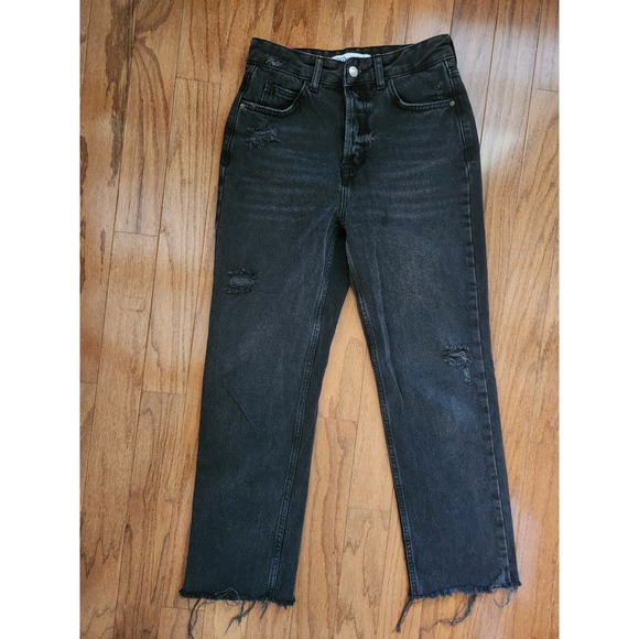 Zara Black Jeans Womens Size 4 Distressed High Rise‎ Straight Leg Crop Raw Hem - Picture 1 of 10